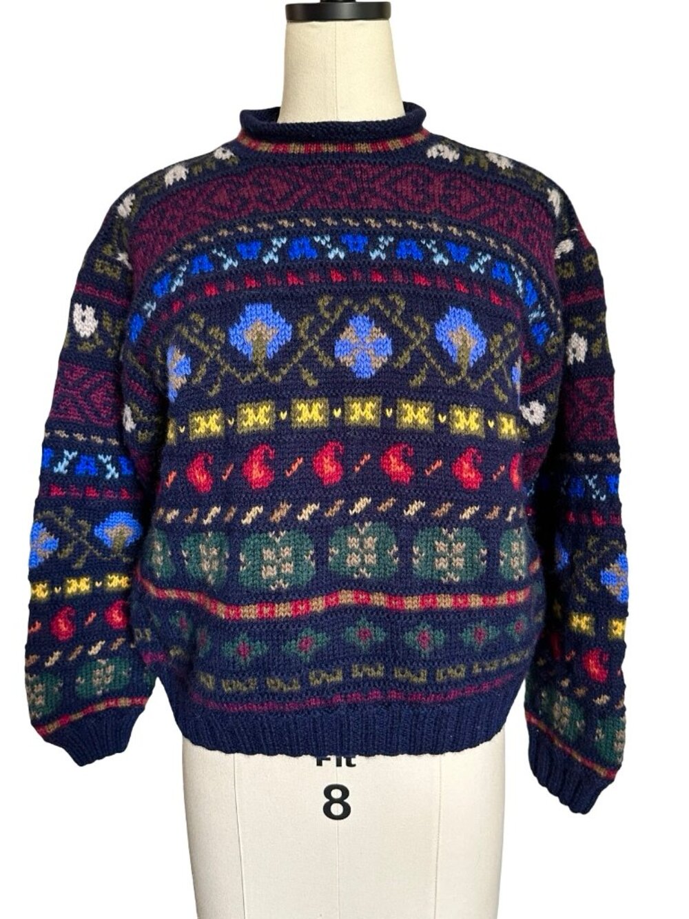 LL Bean Sweater VTG 90s 100% Wool Roll Neck Fair Isle Blue Granola L